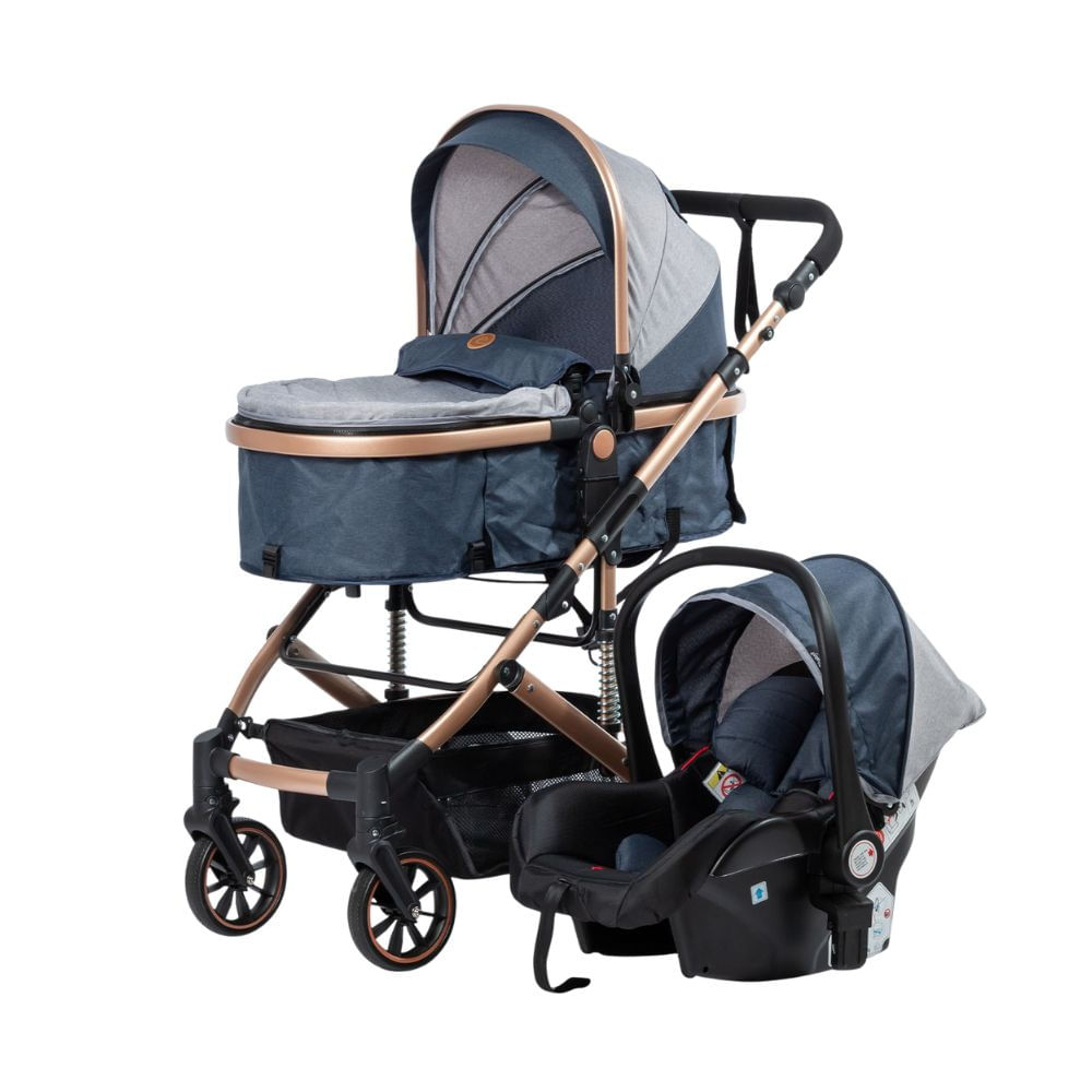 Coche moisés 4 en 1 Comfort con portabebé, llantas caucho, capota amplia, azul